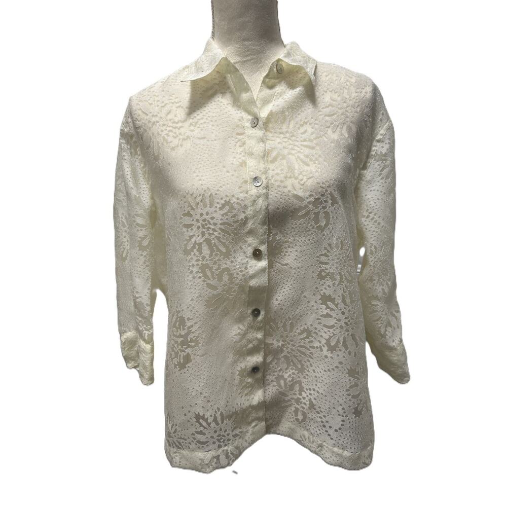 NWT Mirasol “Coffee Talk” Cream Lace Button Collared Front Top ¾ Sleeve-Large